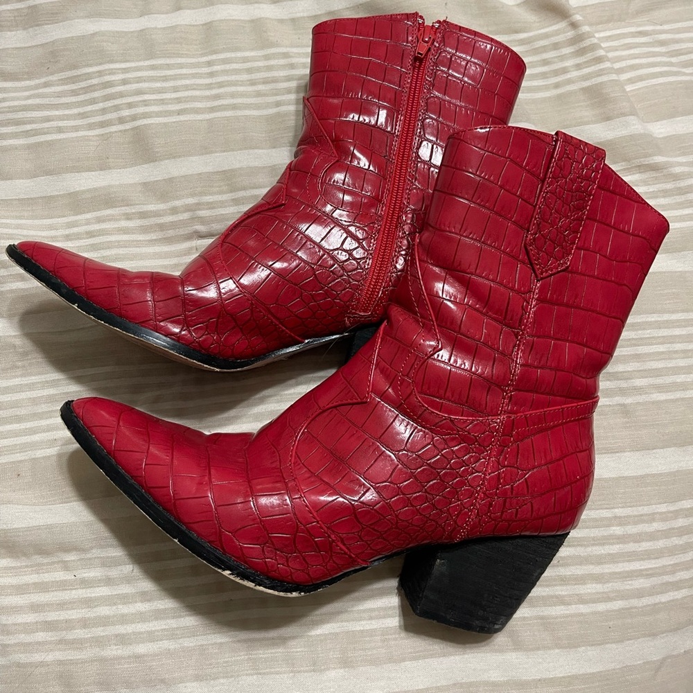 Red Faux Snakeskin Cowgirl Booties